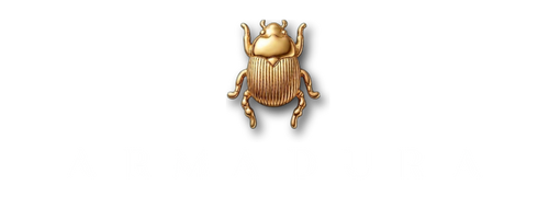 A small metallic gold beetle-shaped charm or pin centred on a plain white background with the ARMADURA logo